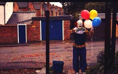 This is a real picture of the real clown terrorizing a real English village. Hide your kids, hide your wife, and hide your husband. Cuz' CLOWNS, DUDE. CLOWNS.