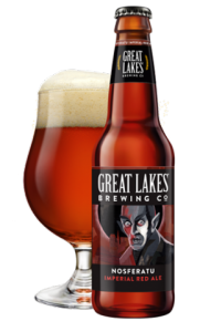 Bottle and glass of Great Lakes Brewing's Nosferatu Imperial Red ale