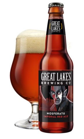 Bottle and glass of Great Lakes Brewing's Nosferatu Imperial Red ale