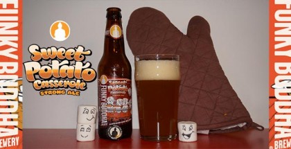 Cover photo for Funky Buddha Sweet Potato Casserole Strong ale beer showcase with bottle and filled glass and happy marshmallows.