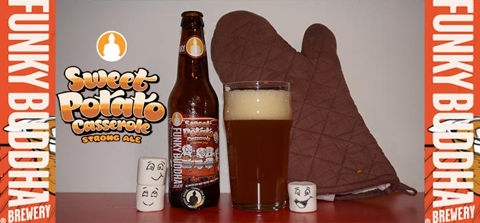 Cover photo for Funky Buddha Sweet Potato Casserole Strong ale beer showcase with bottle and filled glass and happy marshmallows.