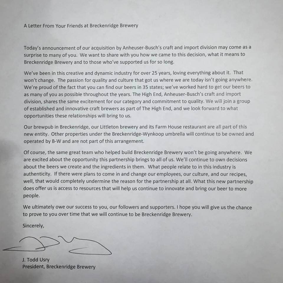 Letter from Breckenridge Brewery's Todd Usry