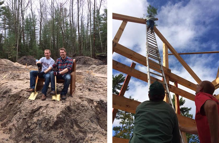 (Left) Drew and Steve taking a break while breaking ground on the brewery (Right) Construction