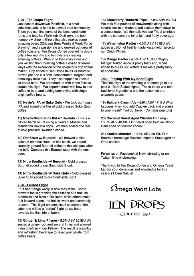 Nevin's Brewing Company 21 Beer Salute Menu Page 2