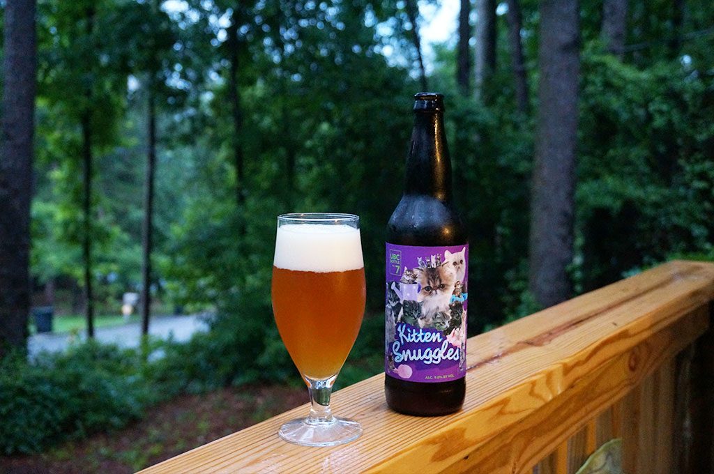 Unknown Brewing Co. Kitten Snuggles Imperial Farmhouse ale poured in a tulip glass next to the bottle