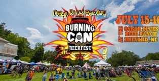 Cover photo for Oskar Blue's Burning Can Festival in North Carolina with festival and patrons behind logo.