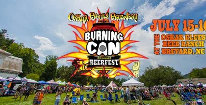 Cover photo for Oskar Blue's Burning Can Festival in North Carolina with festival and patrons behind logo.