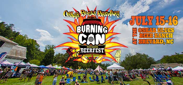 Cover photo for Oskar Blue's Burning Can Festival in North Carolina with festival and patrons behind logo.