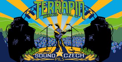 Terrapin Sound Czech Pilsner label art of turtle rocking it out on stage between two giant speakers.
