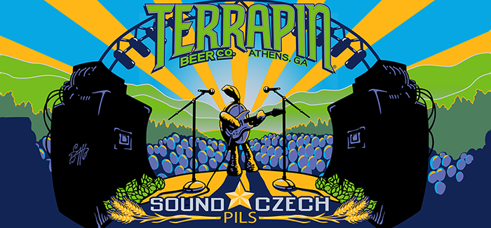 Terrapin Sound Czech Pilsner label art of turtle rocking it out on stage between two giant speakers.