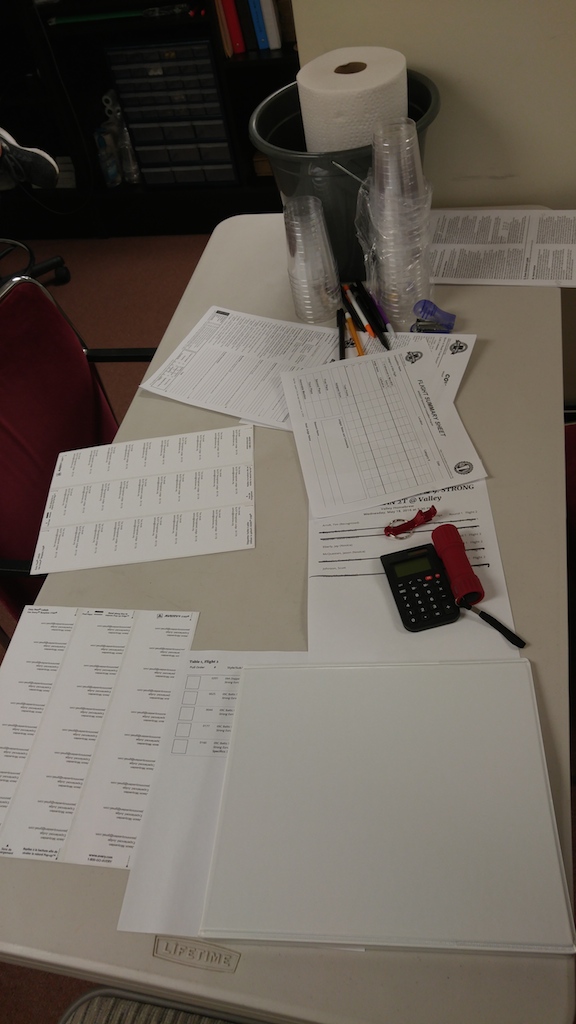 (A table of supplies used for judging beer; Photo by Scott Johnson)