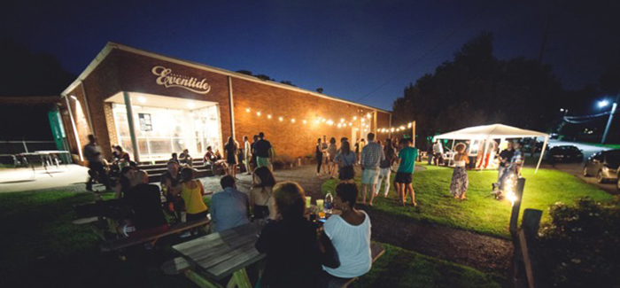 Eventide Brewing outside tables night