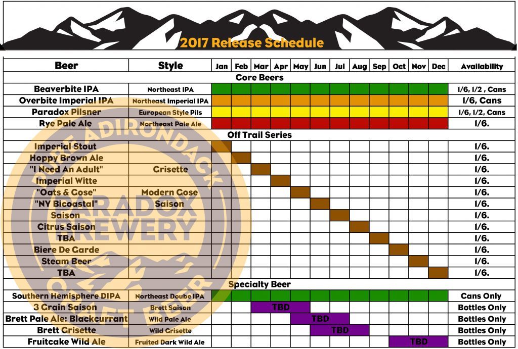 Paradox Brewery Beer Release Calendar 2017