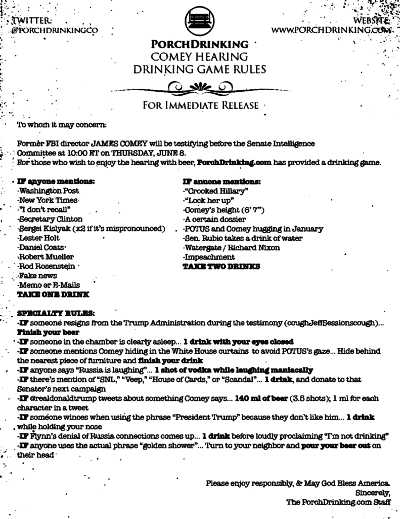 James Comey Testimony Drinking Game