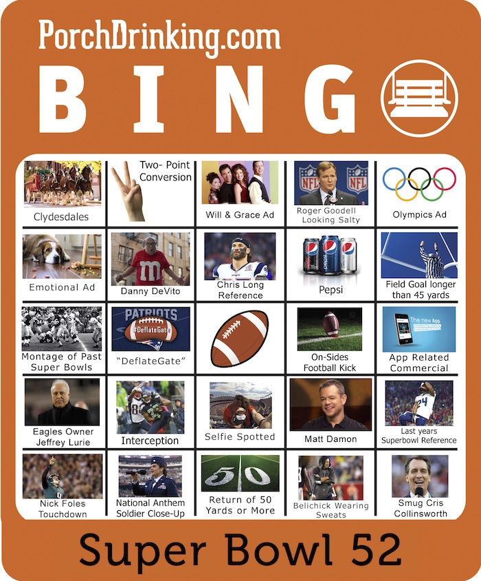 2018 Super Bowl Bingo Board