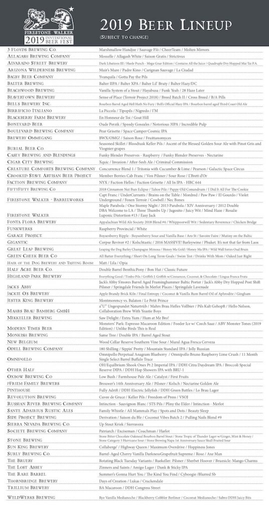 2019 Firestone Walker Invitational Pour List Beer Lineup 2019