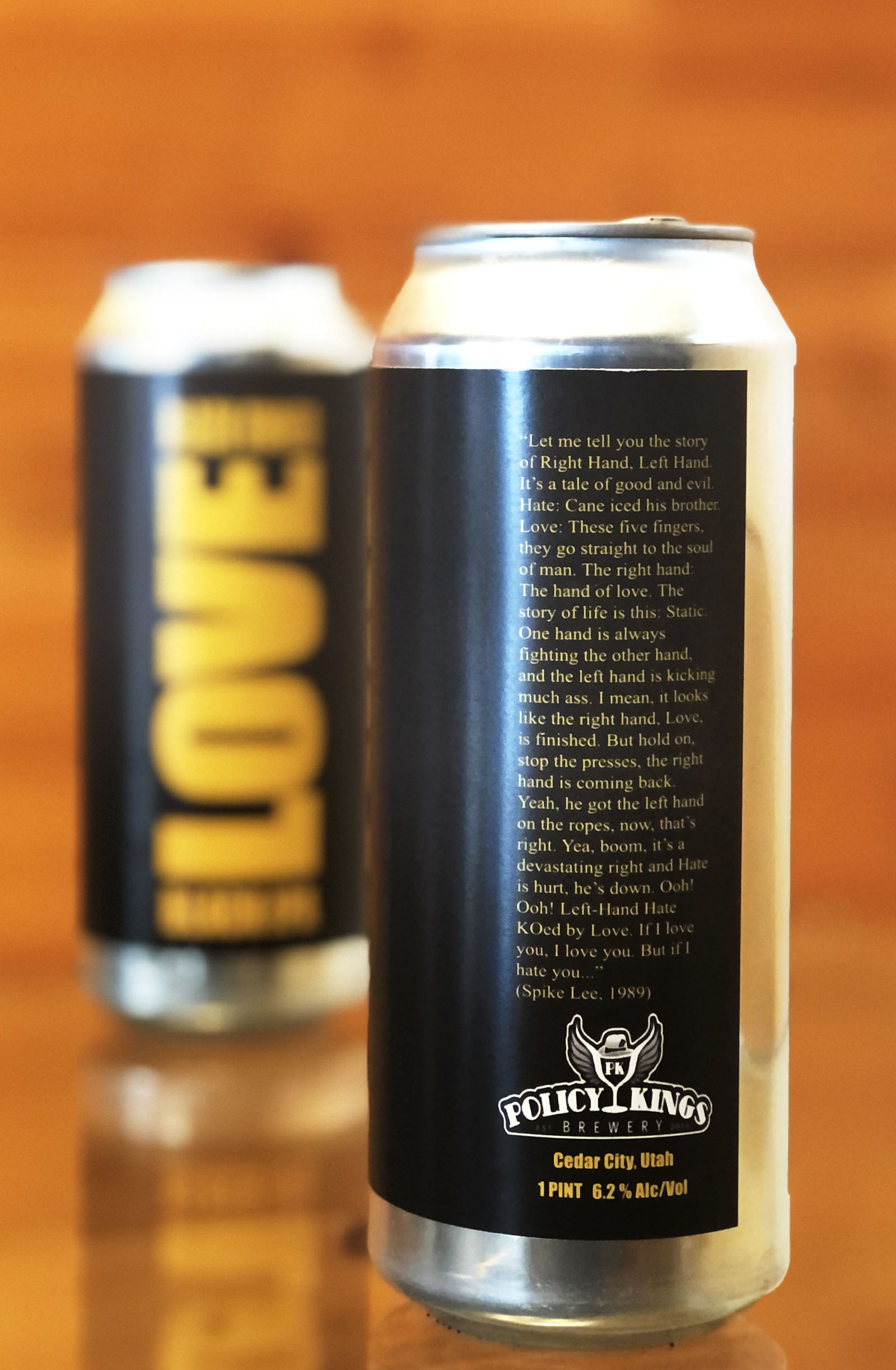 Each can of Love Black IPA and Hate Hazy IPA includes the full text of a monologue recited by the character Radio Raheem in Spike Lee’s classic film, Do the Right Thing.