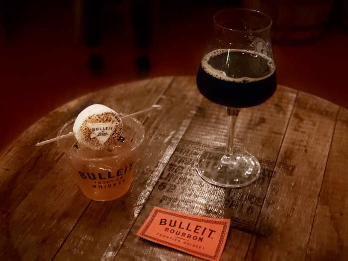 Bulleit Old Fashioned w/ hand-charred Bulleit &amp; Beer marshmallow and a snifter of Bourbon Barrel Brownie