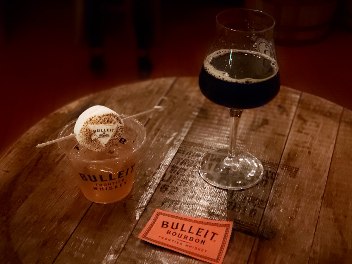 Bulleit Old Fashioned w/ hand-charred Bulleit & Beer marshmallow and a snifter of Bourbon Barrel Brownie