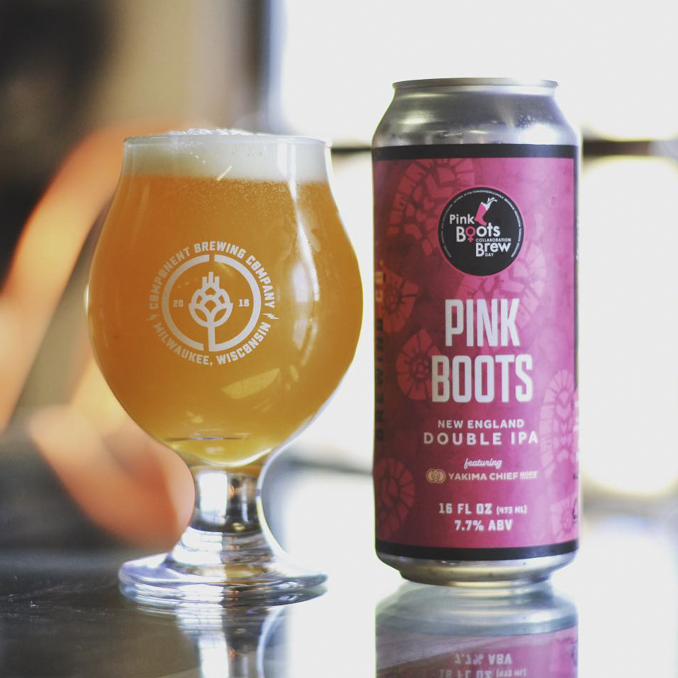 A can of Component's Pink Boots New England Double IPA next to its contents in a tulip glass