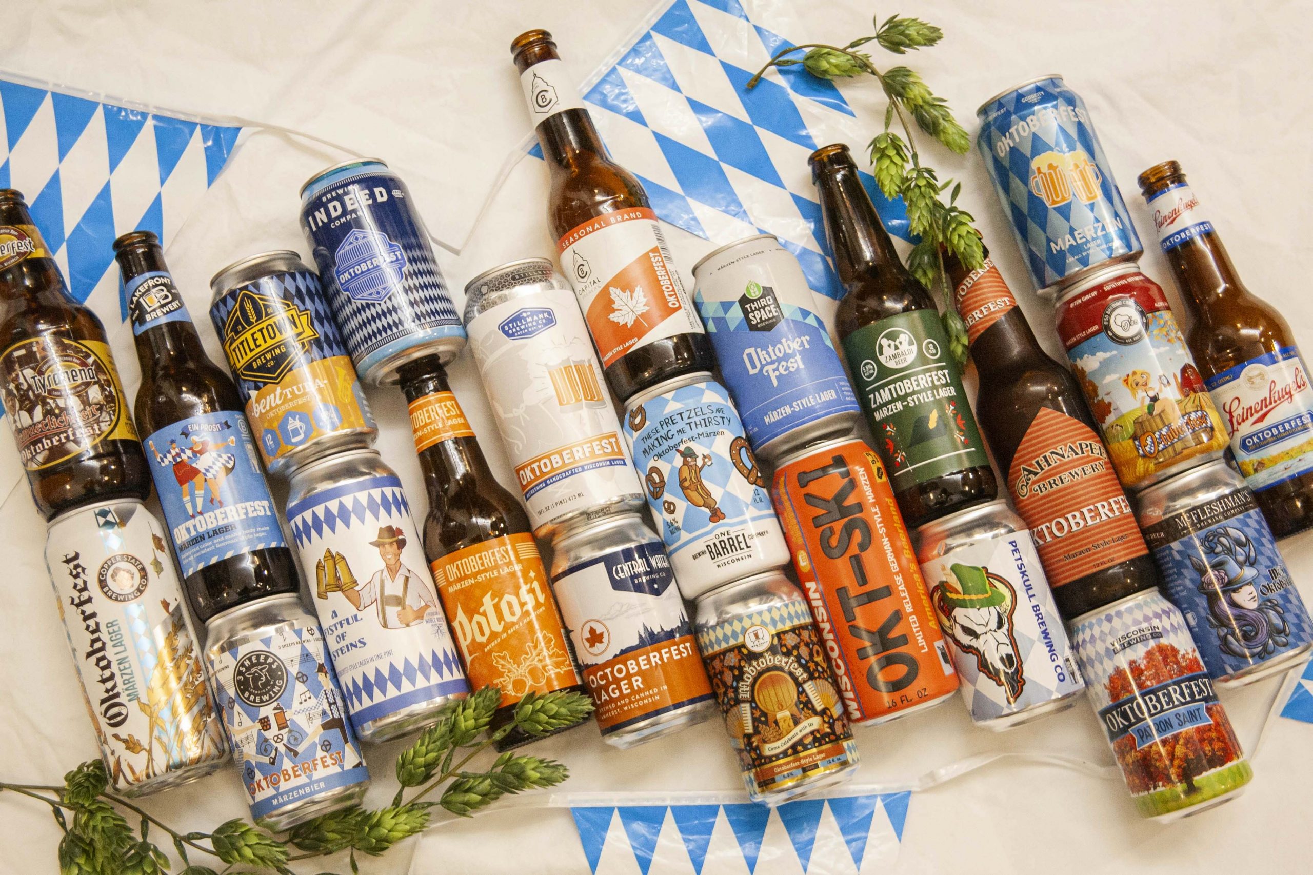 A collection of bottles and cans of Wisconsin's best Oktoberfest beers. 
