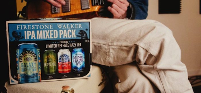 Firestone Walker's IPA Mixed Pack. In the background, a person is sitting and playing a guitar.