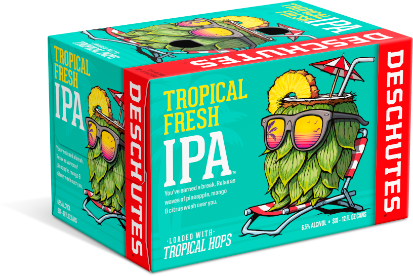A six-pack box of Deschutes Brewery's Tropical Fresh IPA. The whimsical box art features a hop on a beach chair.