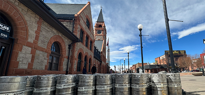 A photo of beer kegs in front of the historic railroad depot in Cheyenne, Wyoming.