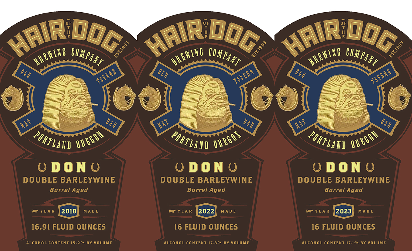 Labels for 3 vintages of Don Barleywine