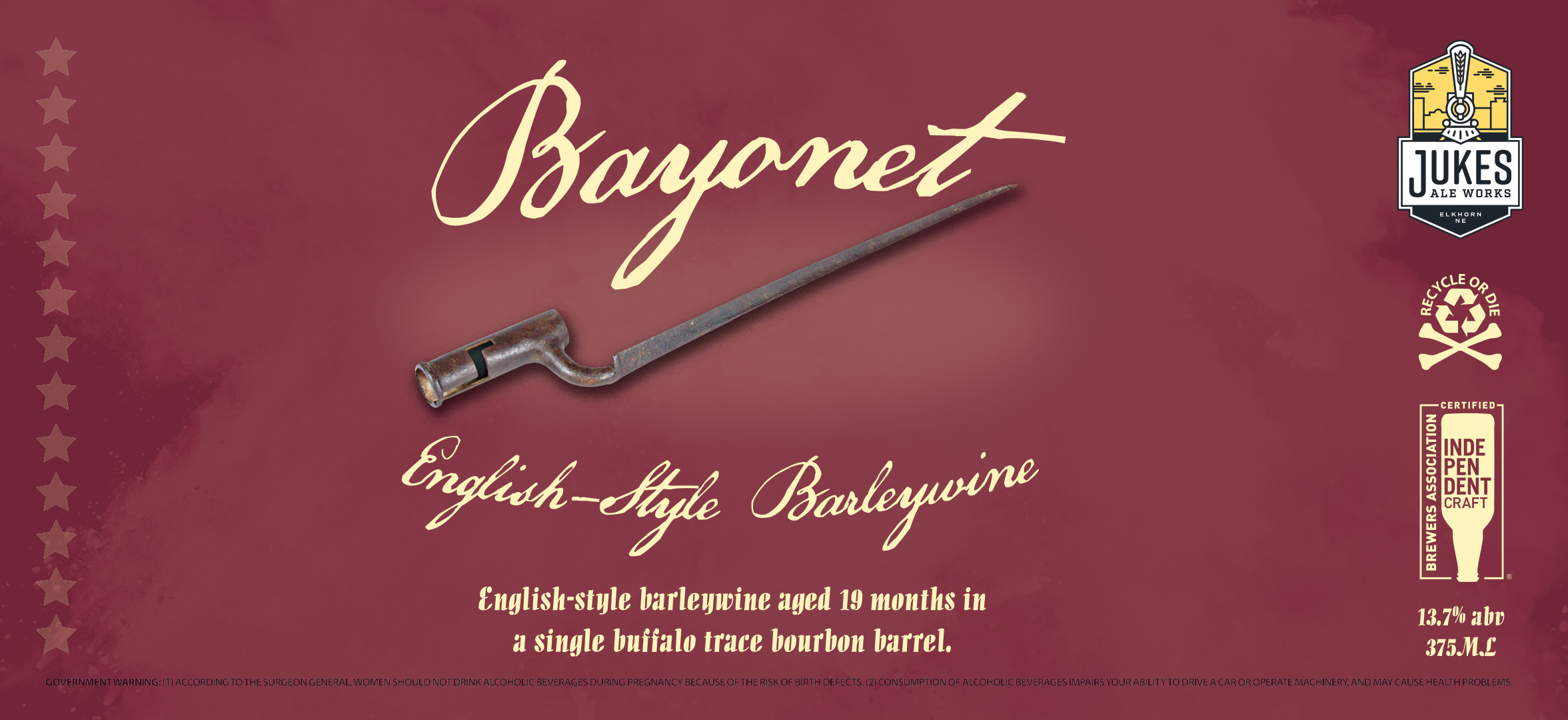 Flat label artwork for Bayonet Barleywine. Wine red color, script "Bayonet" font, rifle bayonet on the front with "English-Style Barleywine" and a description