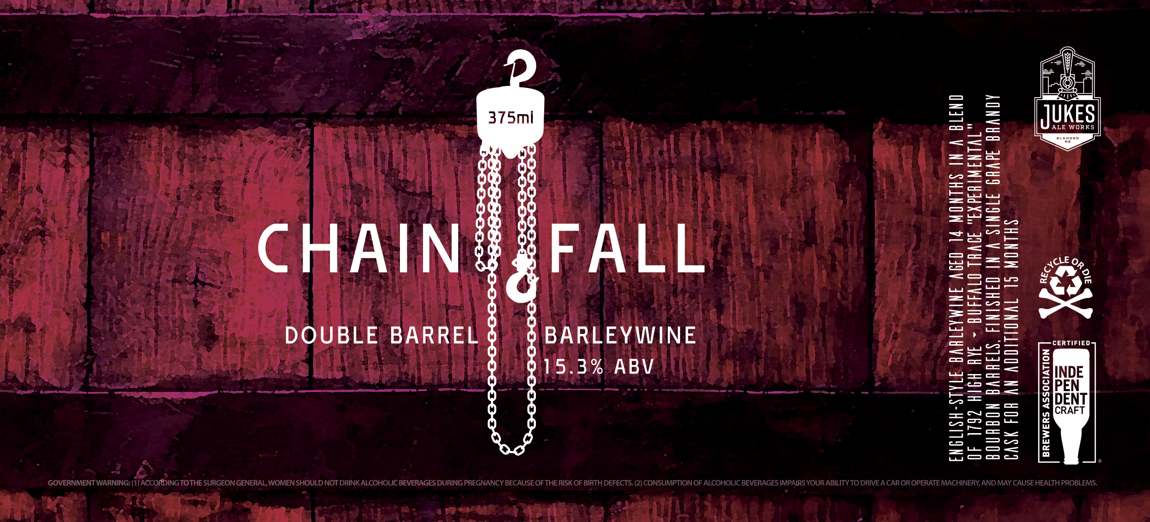 Chain Fall barleywine label - depicting wine red coloration, barrel stave texture background, chain and hook graphic in foreground with "Double Barrel Barleywine"