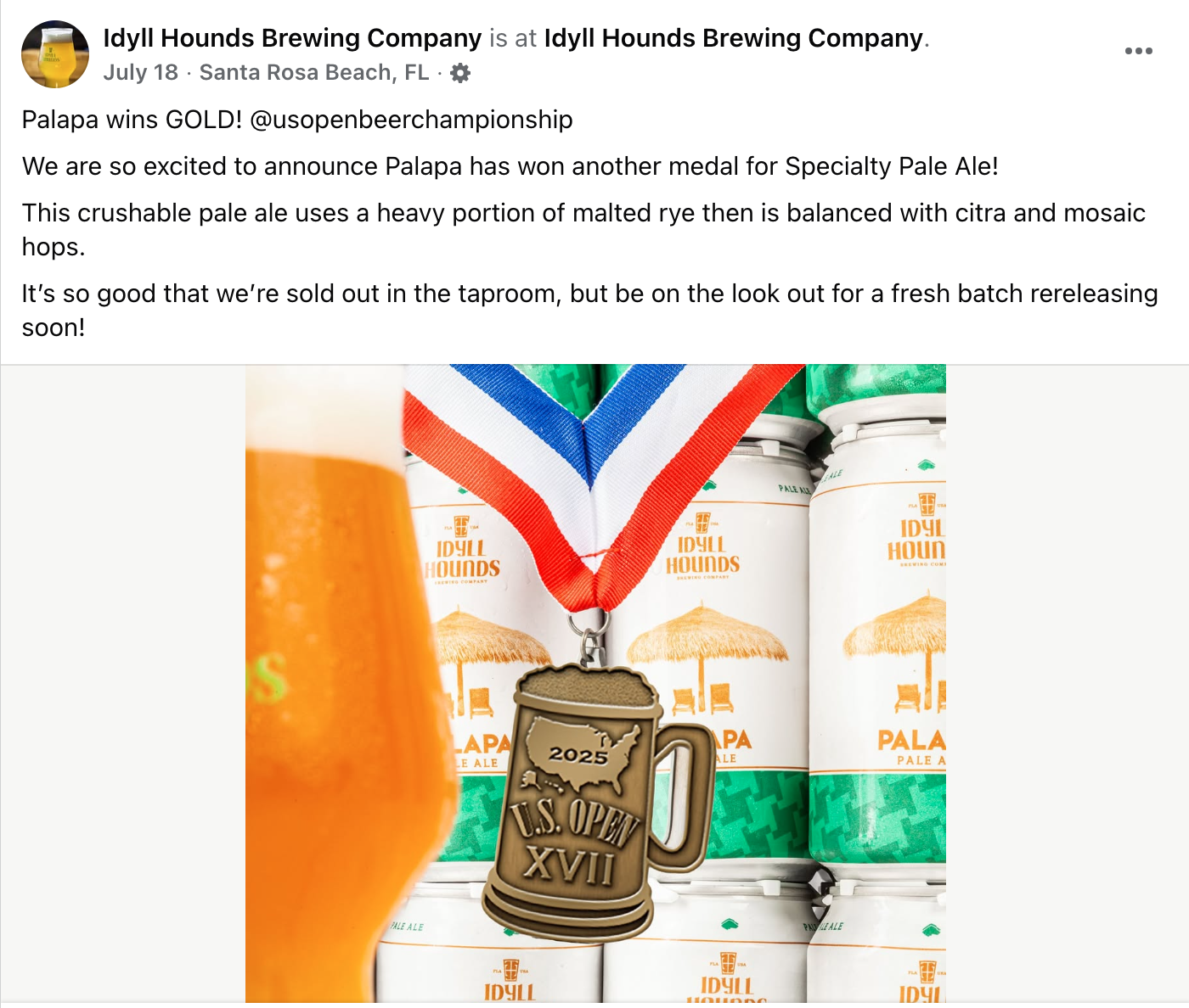 Facebook post announcing that Palapa pale ale won U.S. open gold.